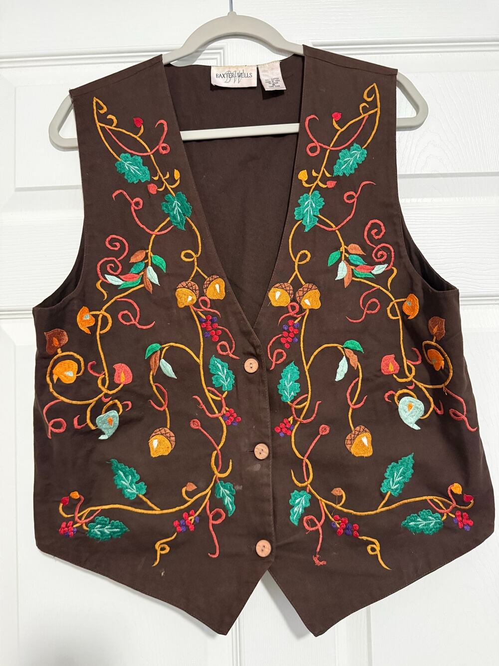 Vintage Baxter & Wells Brown Embroidered Acorn Fall Vest M 100% Cotton